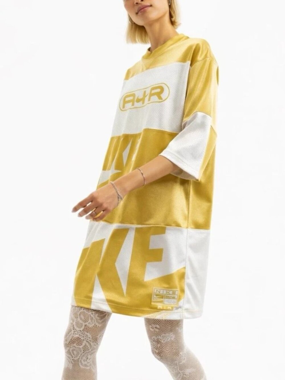 Nike Air Dress Womens S Gold White Mesh Y2K Casual Jersey Oversized NWT $75